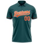 Custom Midnight Green Performance Golf Polo Shirt with Orange-White Design, Personalized with Team Name and Number Personalized
