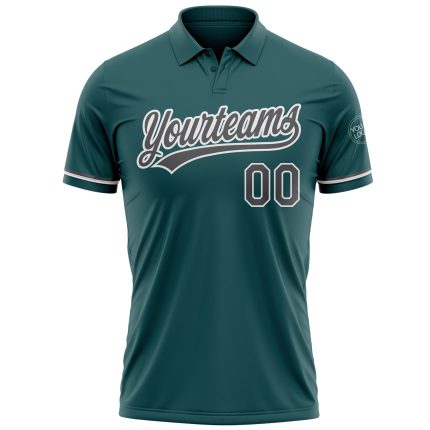 Midnight Green Performance Golf Polo Shirt with Custom Name and Number - Steel Gray-White Team Shirt Personalized Midnight