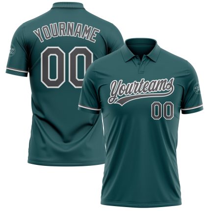 Midnight Green Performance Golf Polo Shirt with Custom Name and Number - Steel Gray-White Team Shirt Personalized Midnight