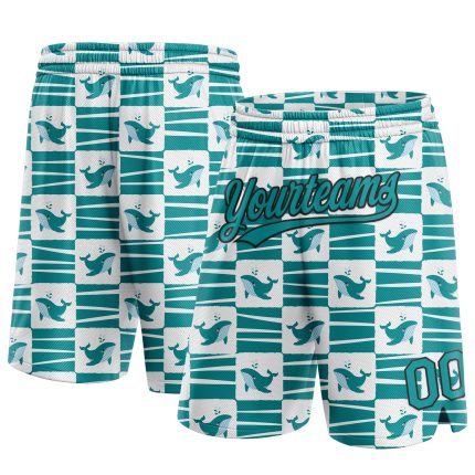 Custom Name and Number Basketball Shorts, 3D Pattern Sharks Design in Midnight Green Teal-Black Personalized Midnight Green