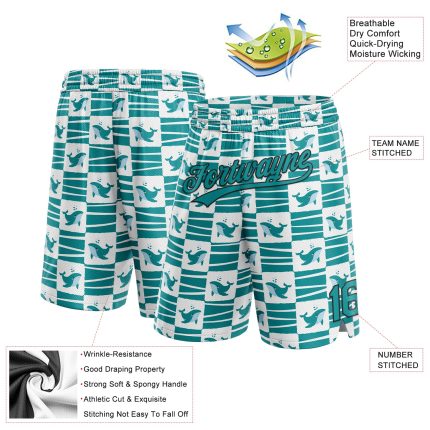 Custom Name and Number Basketball Shorts, 3D Pattern Sharks Design in Midnight Green Teal-Black Personalized Midnight Green