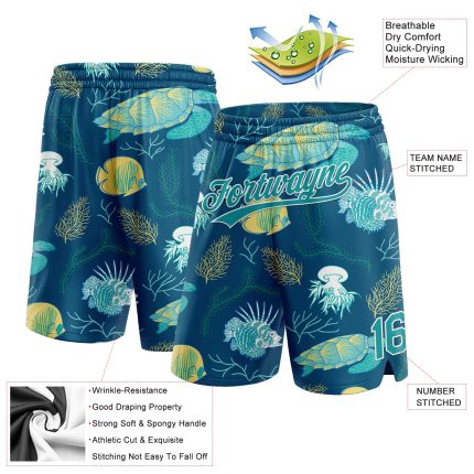 Custom Name Number Basketball Shorts with Aquatic Plants Sea Turtles 3D Pattern in Midnight Green Teal White Personalized