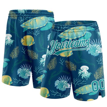 Custom Name Number Basketball Shorts with Aquatic Plants Sea Turtles 3D Pattern in Midnight Green Teal White Personalized