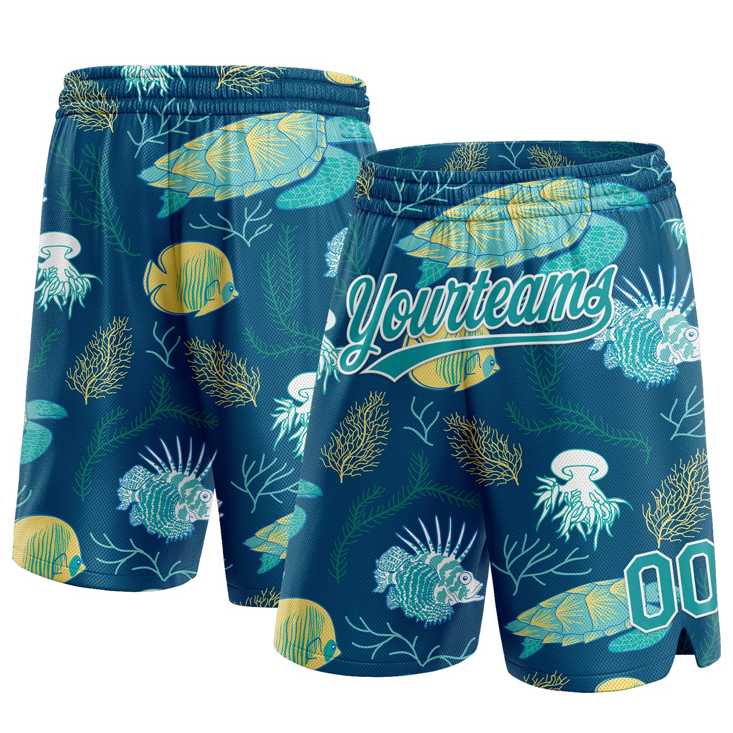 Custom Name Number Basketball Shorts with Aquatic Plants Sea Turtles 3D Pattern in Midnight Green Teal White Personalized