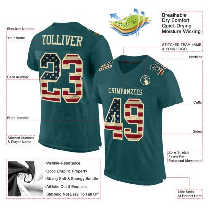 Personalized Vintage USA Flag Football Jersey - Midnight Green City Cream Mesh - Custom Name & Number Personalized Midnight