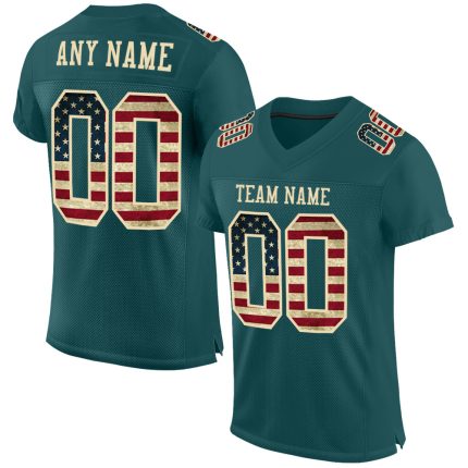 Personalized Vintage USA Flag Football Jersey - Midnight Green City Cream Mesh - Custom Name & Number Personalized Midnight
