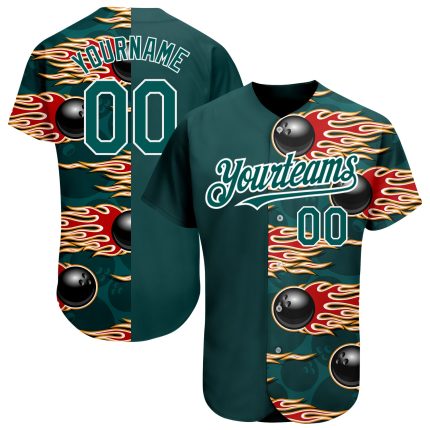 Personalized 3D Midnight Green and White Bowling Ball with Hotrod Flame Authentic Baseball Jersey Personalized Midnight Green