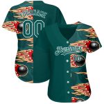 Personalized 3D Midnight Green and White Bowling Ball with Hotrod Flame Authentic Baseball Jersey Personalized Midnight Green
