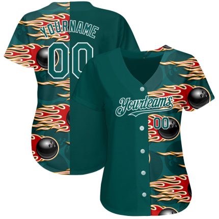 Personalized 3D Midnight Green and White Bowling Ball with Hotrod Flame Authentic Baseball Jersey Personalized Midnight Green