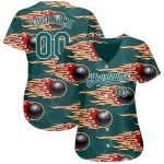 Custom Name and Number Bowling Ball with Midnight Green and White 3D Pattern and Hotrod Flame - Authentic Baseball Jersey