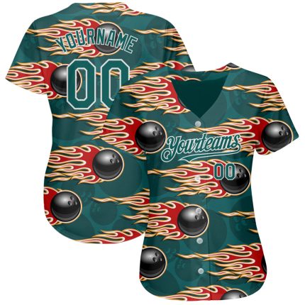 Custom Name and Number Bowling Ball with Midnight Green and White 3D Pattern and Hotrod Flame - Authentic Baseball Jersey