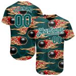 Custom Name and Number Bowling Ball with Midnight Green and White 3D Pattern and Hotrod Flame - Authentic Baseball Jersey