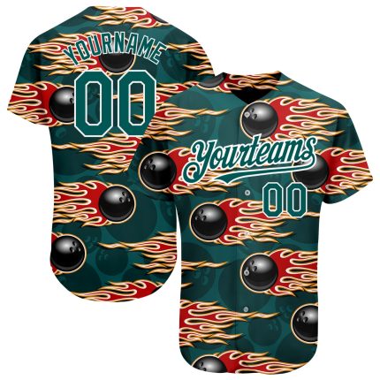 Custom Name and Number Bowling Ball with Midnight Green and White 3D Pattern and Hotrod Flame - Authentic Baseball Jersey