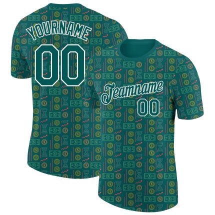 Custom Name Number Midnight Green Dollar Sign Money Theme T-Shirt with 3D Pattern Design - Performance Tee Personalized Midnight