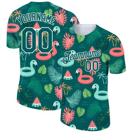 Personalized Hawaii Flamingo Performance T-Shirt with Custom Name & Number, Midnight Green White 3D Pattern Design Personalized