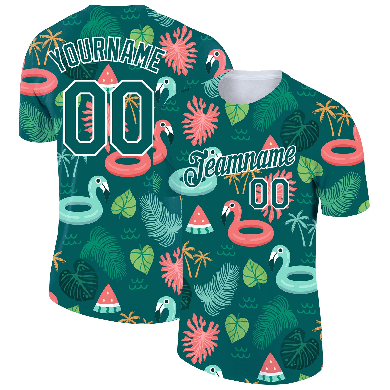 Personalized Hawaii Flamingo Performance T-Shirt with Custom Name & Number, Midnight Green White 3D Pattern Design Personalized