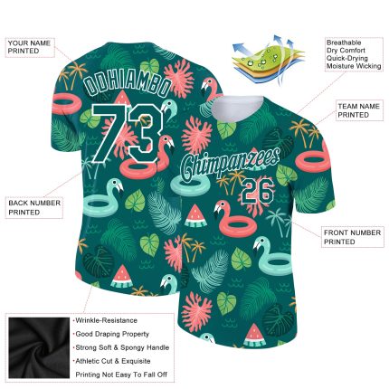 Personalized Hawaii Flamingo Performance T-Shirt with Custom Name & Number, Midnight Green White 3D Pattern Design Personalized