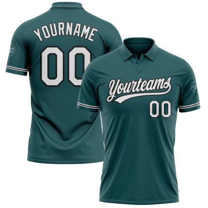 Custom Midnight Green Performance Golf Polo Shirt with Name & Number - White-Black Design Personalized Midnight Green White-Black