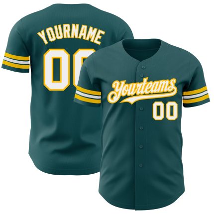 Personalized Authentic Baseball Jersey in Midnight Green with White and Gold Trim Personalized Midnight Green White-Gold