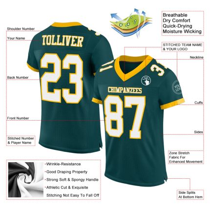 Midnight Green White Gold Authentic Football Jersey - Personalized Custom Sportswear Personalized Midnight Green White-Gold