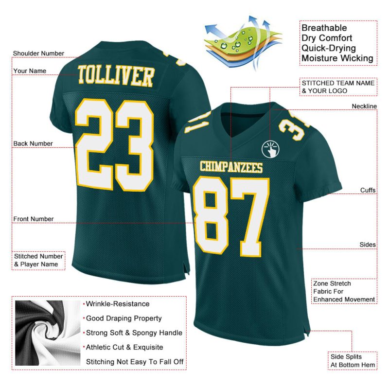 Custom Personalized Football Jersey - Midnight Green with White Gold Mesh - Team Name & Number Authentic Personalized Midnight