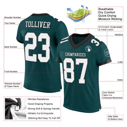 Custom Midnight Green Football Jersey with Name and Number - Authentic Mesh Team Apparel in White and Gray-Black Personalized