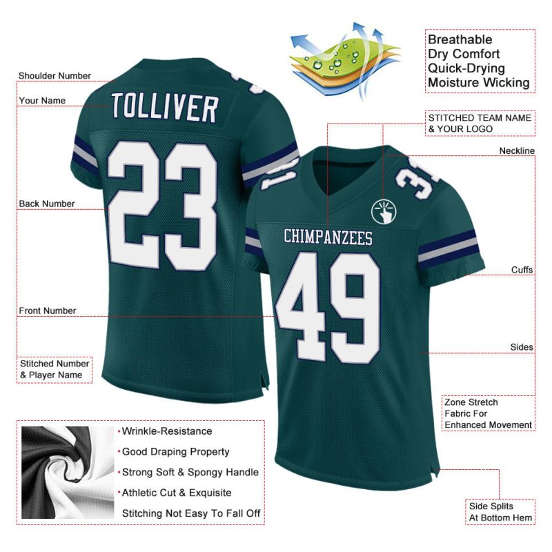 Custom Midnight Green White-Navy Mesh Football Jersey with Personalized Name and Number - Authentic Team Apparel Personalized