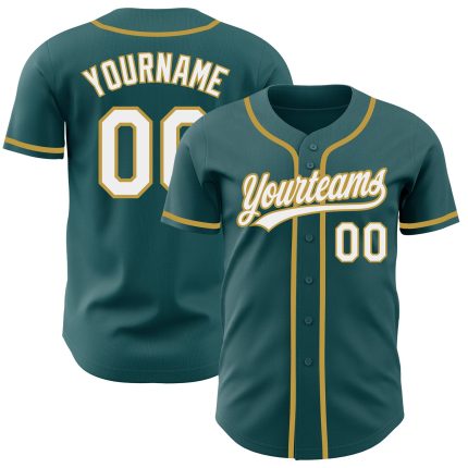Custom Midnight Green and White-Old Gold Baseball Jersey with Personalized Name and Number Personalized Midnight Green White-Old