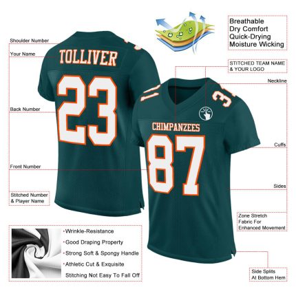 Personalized Football Jersey in Midnight Green White-Orange Mesh - Authentic Design Personalized Midnight Green White-Orange