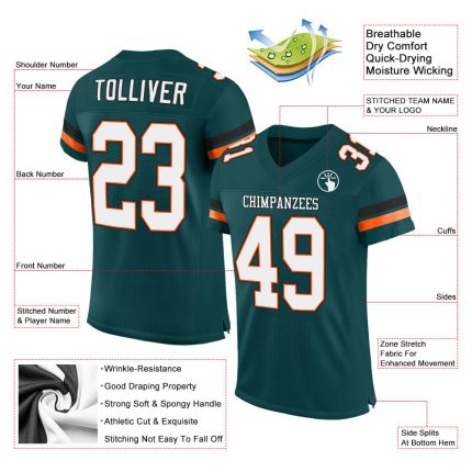 Custom Midnight Green White-Orange Football Jersey with Personalized Name and Number - Authentic Team Gear Personalized Midnight