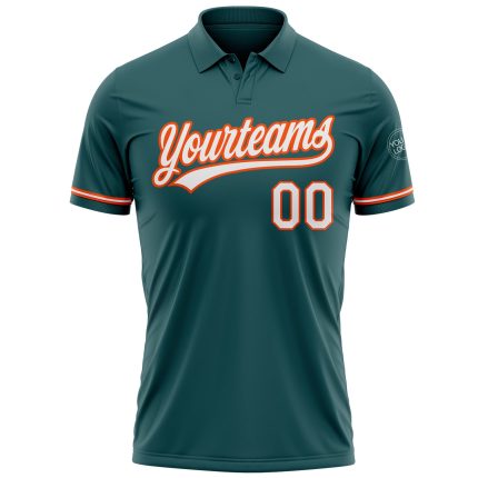 Custom Midnight Green White-Orange Golf Polo Shirt with Team Name and Number - Performance Vapor Personalized Midnight Green