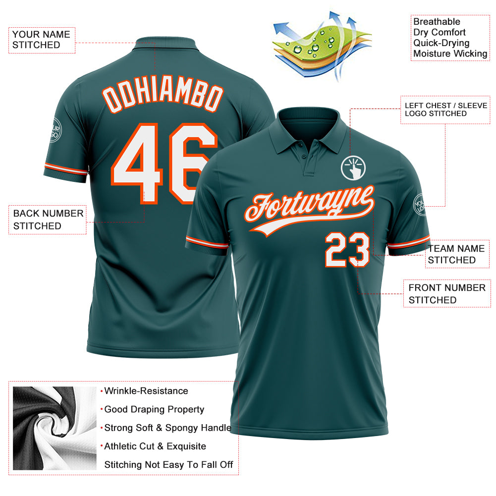 Personalized Midnight Green White-Orange Performance Vapor Golf Polo Shirt Team Custom Name and Number Custom Midnight Green White-Orange Golf Polo Shirt with Team Name and Number - Performance Vapor Personalized Midnight Green - Image 3