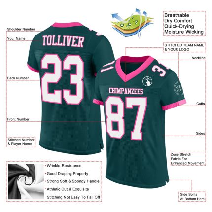 Custom Name Number Authentic Football Jersey Midnight Green White-Pink Mesh Personalized Midnight Green White-Pink Mesh Authentic