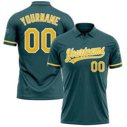 Personalized Team Golf Polo Shirt with Custom Name & Number, Midnight Green Yellow-White Performance Vapor Personalized Midnight