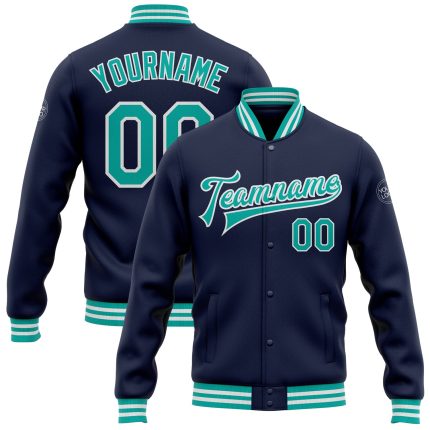Personalized Navy Blue Aqua White Varsity Bomber Jacket Full-Snap Letterman Personalized Navy Aqua-White Bomber Full-Snap