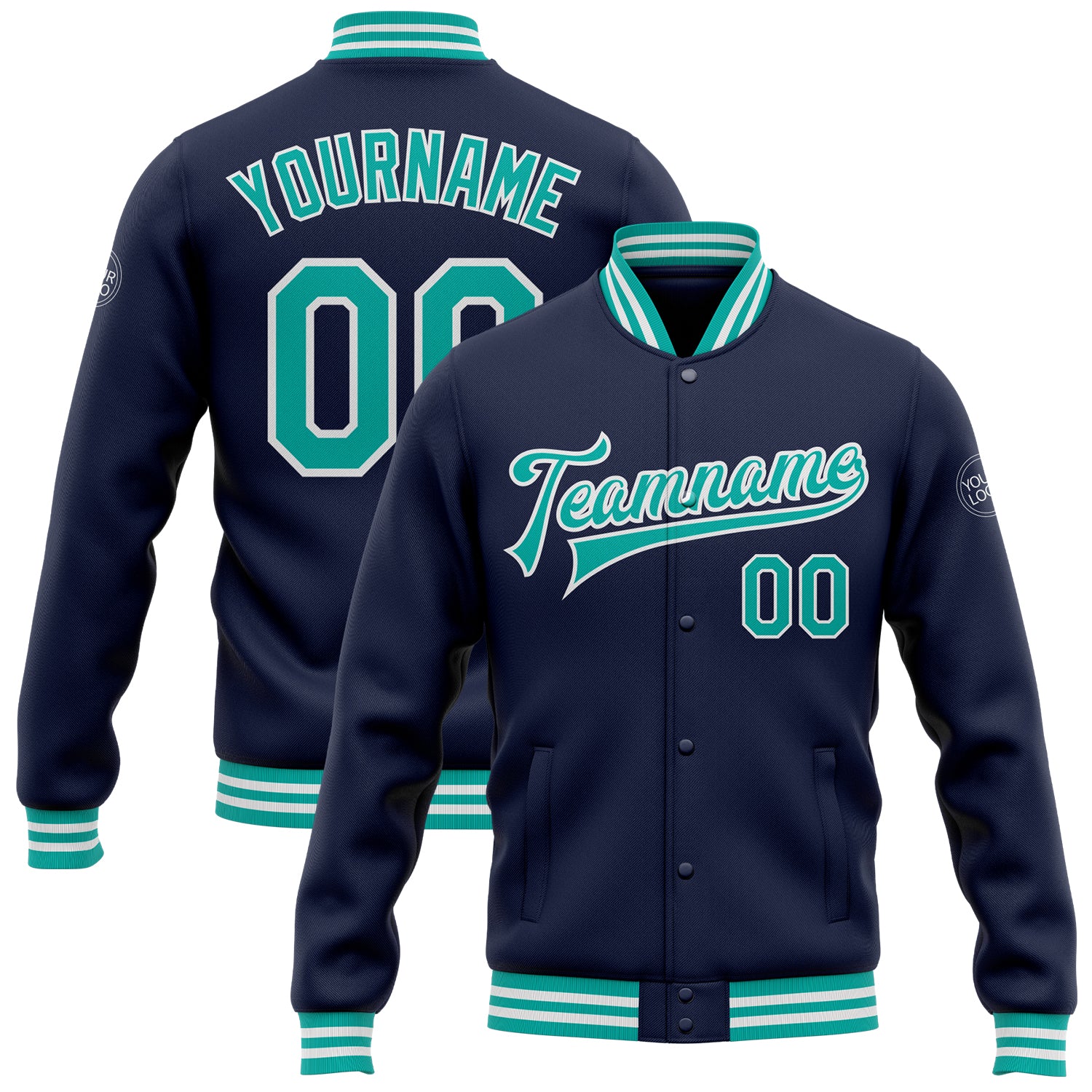Personalized Navy Blue Aqua White Varsity Bomber Jacket Full-Snap Letterman Personalized Navy Aqua-White Bomber Full-Snap