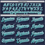Custom Team Name Number Navy Aqua-White Varsity Letterman Bomber Jacket Full-Snap Personalized Personalized Navy Aqua-White