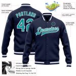 Custom Team Name Number Navy Aqua-White Varsity Letterman Bomber Jacket Full-Snap Personalized Personalized Navy Aqua-White