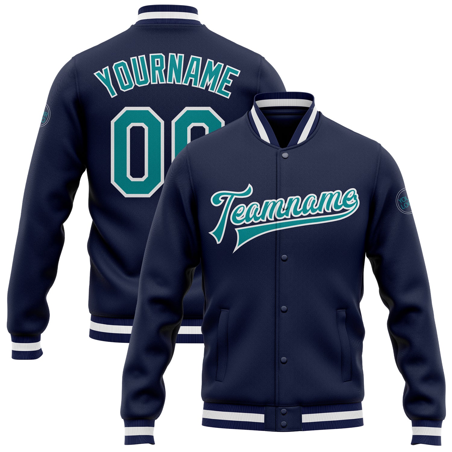 Custom Team Name Number Navy Aqua-White Varsity Letterman Bomber Jacket Full-Snap Personalized Personalized Navy Aqua-White