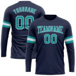 Custom Name Number Long Sleeve Performance T-Shirt for Team Salute to Service in Navy Aqua-White Personalized Navy Aqua-White