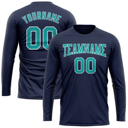 Custom Name Number Long Sleeve Performance T-Shirt for Team Salute to Service in Navy Aqua-White Personalized Navy Aqua-White