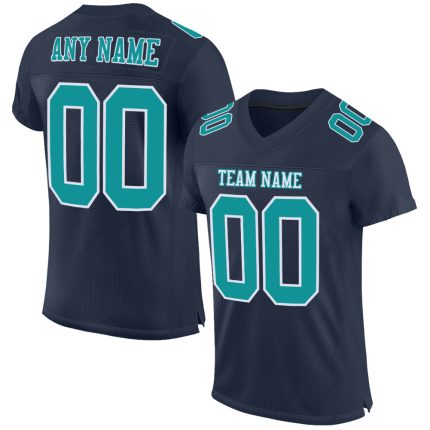 Custom Name Number Personalized Football Jersey Navy Aqua-White Mesh Authentic Team Personalized Navy Aqua-White Mesh Authentic