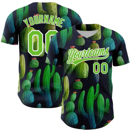 Custom Baseball Jersey with Personalized Name and Number, 3D Cactus Festival Design in Navy and Aurora Green-White Personalized