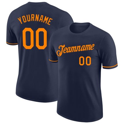 Custom Team Name and Number Navy Bay Orange Performance T-Shirt - Personalized Sports Apparel Personalized Navy Bay Orange