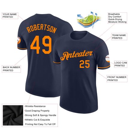 Custom Team Name and Number Navy Bay Orange Performance T-Shirt - Personalized Sports Apparel Personalized Navy Bay Orange