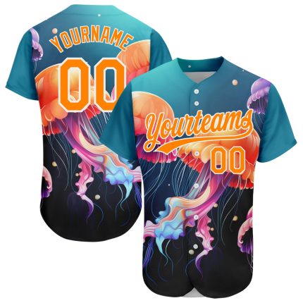 Custom Name and Number Baseball Jersey with 3D Navy Orange-White Jellyfish Ocean Design Personalized Navy Bay Orange-White
