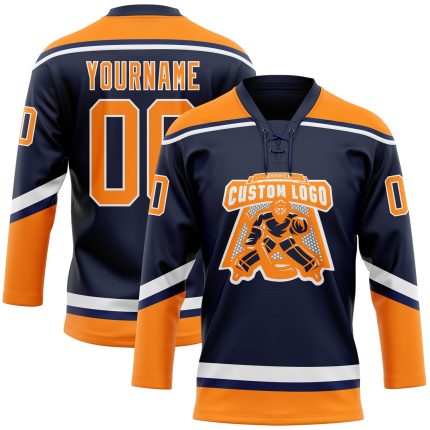 Custom Name and Number Personalized Hockey Jersey - Navy Bay Orange-White Lace Neck Team Design Personalized Navy Bay Orange-White