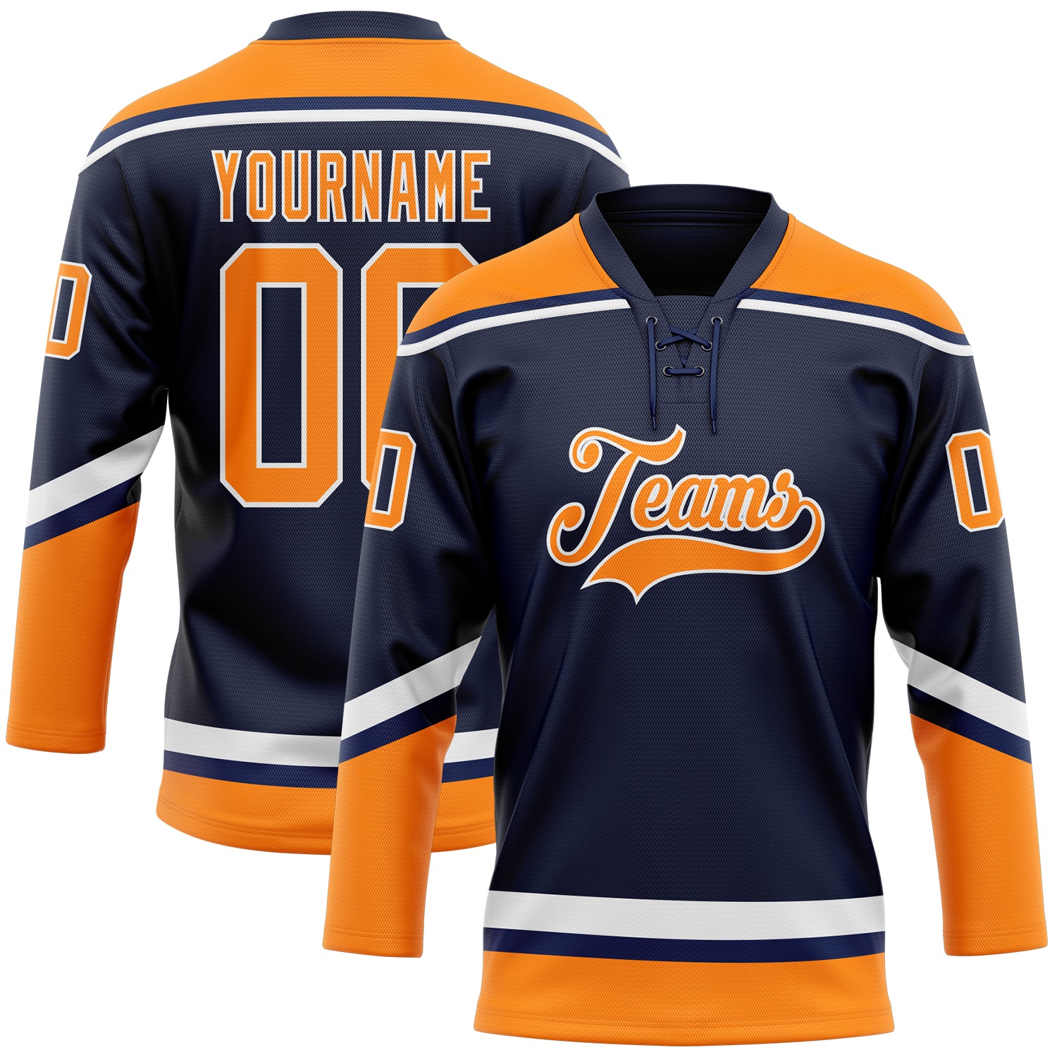 Custom Name and Number Personalized Hockey Jersey - Navy Bay Orange-White Lace Neck Team Design Personalized Navy Bay Orange-White