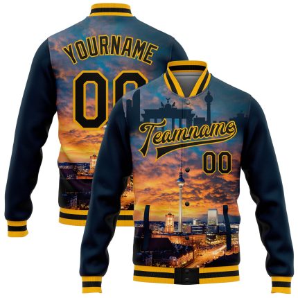 Personalized Berlin Germany City Edition 3D Varsity Bomber Jacket Custom Name Number Navy Black-Gold Full-Snap Personalized
