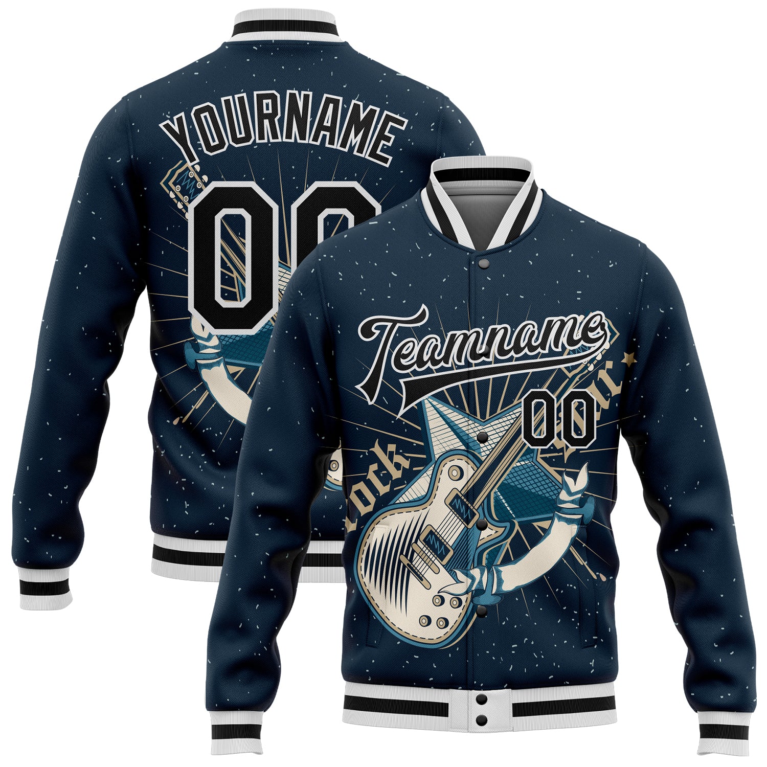 Custom Rock Star Music Festival Bomber Jacket with 3D Guitar Pattern - Personalized Navy Black-White Varsity Letterman Design